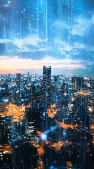 Fototapeta premium Modern city skyline is overlaid with digital network lines and illuminated building lights