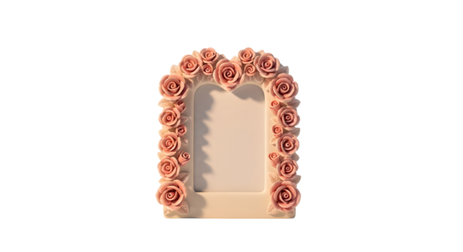 Ornate pink rose flower arch picture frame or mirror frame isolated on white background
