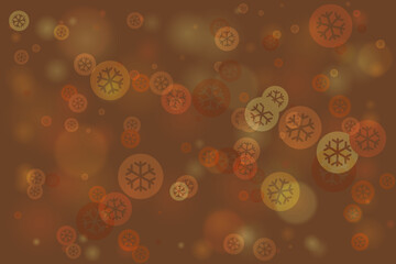Warm brown abstract background with glowing golden and orange bokeh lights and festive snowflake icons, perfect for winter holiday designs and seasonal celebrations.
