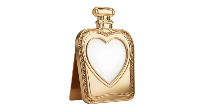 Luxury gold heart picture frame designed like a keepsake flask isolated on white background.