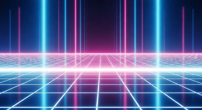 Neon grid landscape with vertical light beams and stars image