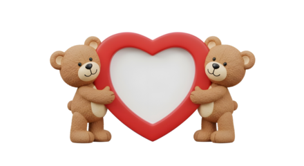 Cute 3D teddy bears holding blank red heart frame for Valentine's Day isolated on white background.