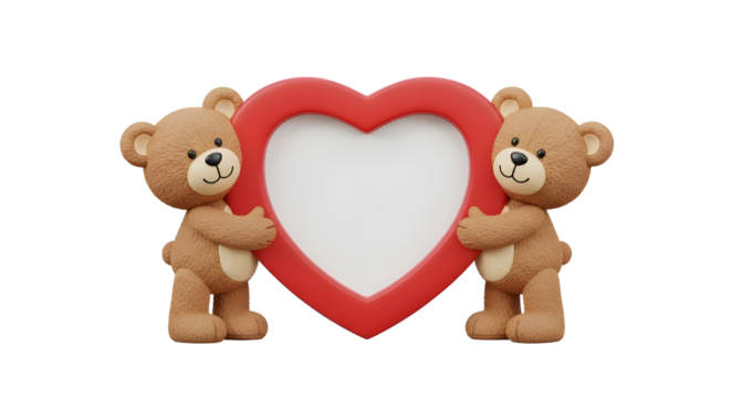 Cute 3D teddy bears holding blank red heart frame for Valentine's Day isolated on white background.