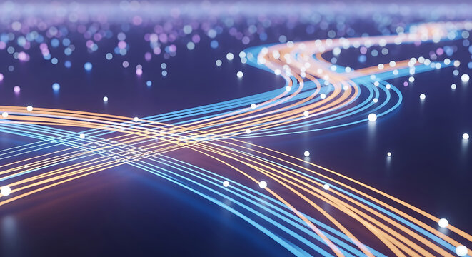 Abstract glowing blue and orange light trails with white dots image