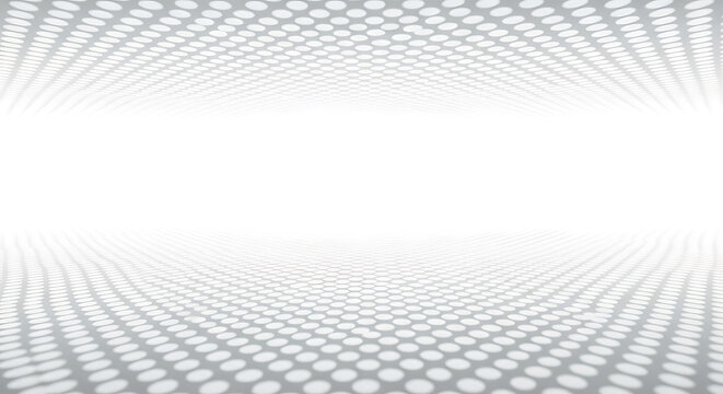 White and gray abstract perspective grid of circles background pattern