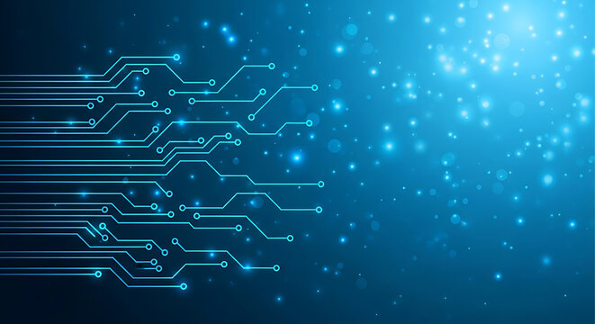 Blue circuit board lines with glowing particles on dark background technology electronic
