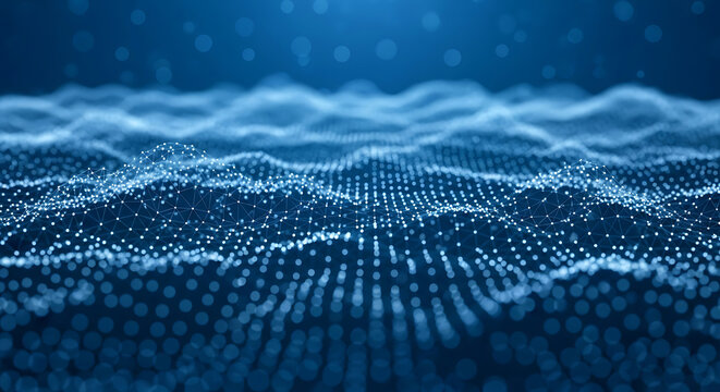 Abstract blue digital network grid with glowing particles and waves image