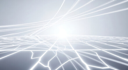 Glowing white grid lines receding into bright light abstract background