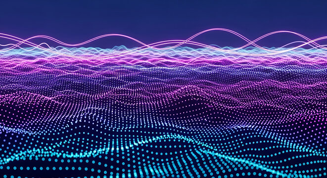 Abstract glowing digital waves of blue and pink particles background bright