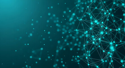 Abstract teal network of glowing dots and lines blue green