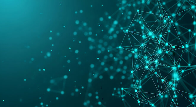 Abstract teal network of glowing dots and lines blue green