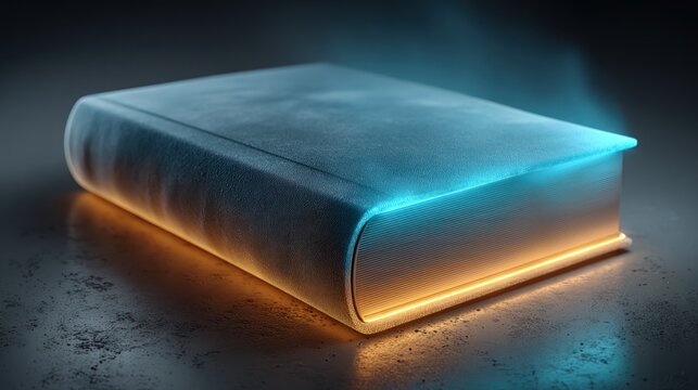 A book glows with neon light, sitting on a reflective surface