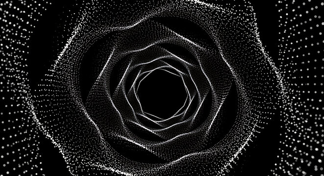 White particles forming a hexagonal tunnel on black background abstract