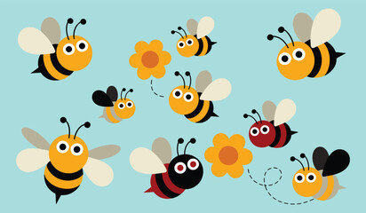 Obraz premium Cute Cartoon Bee Vector Set with Flowers, Happy Flying Bees Illustration