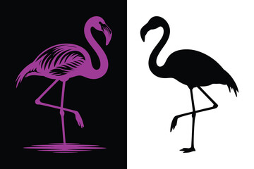 Standing Flamingo Bird Logo/Icon Set, Pink Engrave and Black Silhouette on B&W.