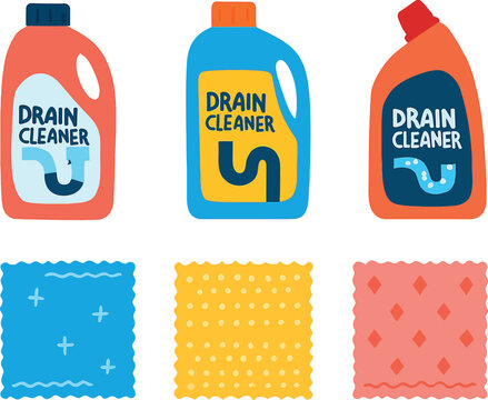 Colorful cartoon drain cleaner bottles with sponges for cleaning household drain clog removal service vector illustration graphic design
