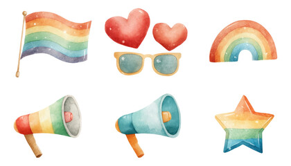 Colorful Watercolor Elements Featuring Hearts, Megaphones, Rainbows, and Flags