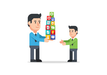 Business professionals building a tower of colorful icons, symbolizing teamwork and shared success