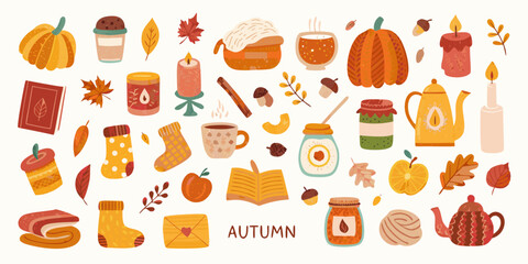 Cozy autumn collection of seasonal elements and comforting items for fall