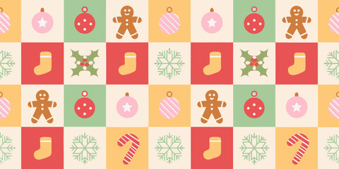Whimsical christmas pattern featuring gingerbread men stockings snowflakes ornaments and candy canes in pastel colors