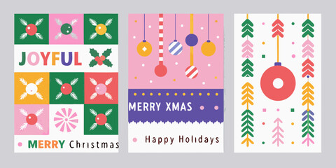 Festive and joyful christmas and happy holidays greeting cards with ornaments and holly