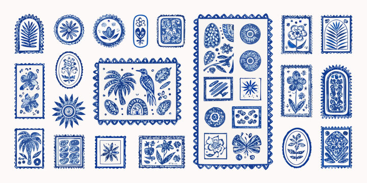 Collection of hand drawn blue and white decorative elements featuring tropical flora fauna and abstract shapes
