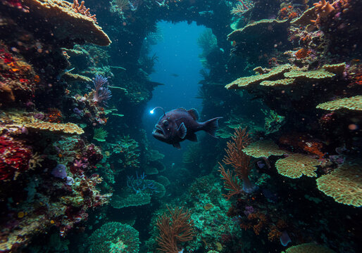 A fish swims through a coral reef tunnel, illuminated by a light source, showcasing vibrant underwater life.