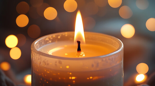 A warm and inviting AI-generated image of a flickering candle, surrounded by soft bokeh lights.