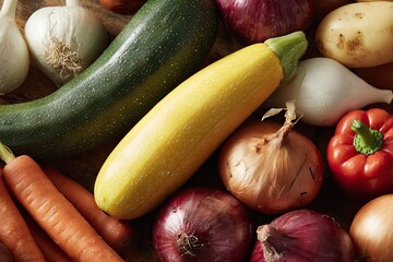 Colorful assortment of vibrant raw vegetables on wooden surface