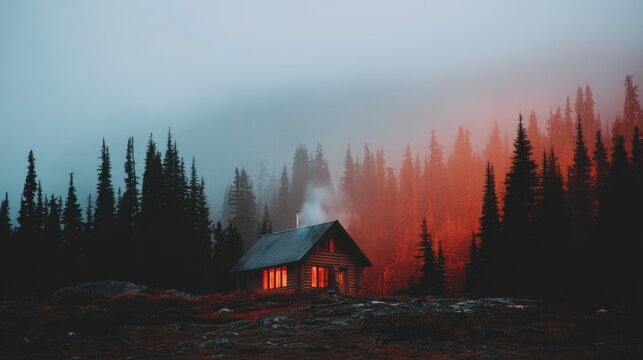 Cozy cabin glowing softly in the misty woods during twilight with towering evergreen trees and warm window lights
