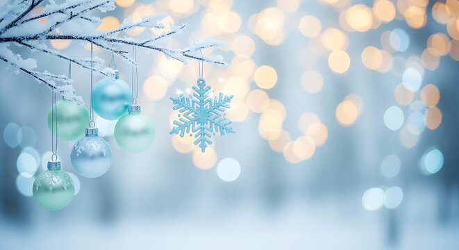Sparkling winter holiday ornaments and snowflake gracefully adorn frosted branches against a dreamy bokeh light backdrop