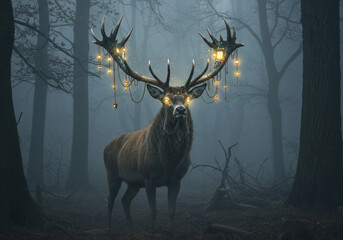 A majestic stag stands in a misty forest, its antlers adorned with glowing lights, creating an ethereal and magical atmosphere.