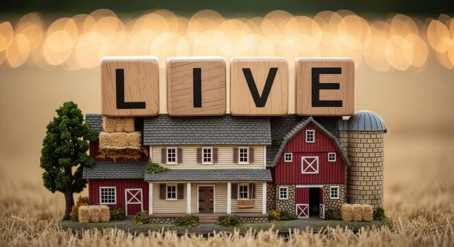 Miniature Farmhouse with Wooden Letter Blocks Spelling Live Countryside Appeal