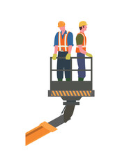 Construction workers riding bucket boom. Simple flat illustration.
