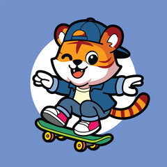 Cute cartoon tiger skateboarder wearing blue cap, kawaii street style animal illustration perfect for children’s apparel, stickers, mascot logo, and creative art.