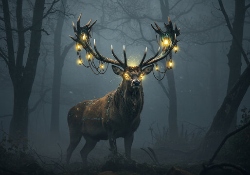 A majestic stag illuminated by glowing lights, standing in a misty forest. - Powered by Adobe