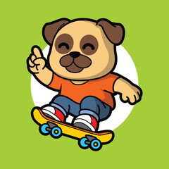Adorable pug dog cartoon riding skateboard, kawaii funny pet illustration in street style, perfect for sports mascot, children’s book, and urban lifestyle design.