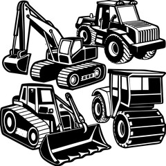 Construction Equipment Collection Vector Illustrations of Bulldozers, Excavators, and Machinery