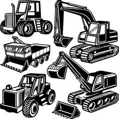 Detailed black and white icons of various construction vehicles, including excavators, loaders, and haul trucks, in a vector illustration format