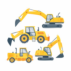 Construction Equipment Illustration Set Excavators, Loaders, and Bulldozers in Vector Art