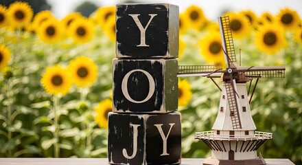 Rustic wooden blocks spelling joy with miniature windmill and sunflowers