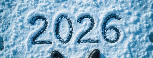 2026 In The Snow The numbers 2026 written or carved into a snow-covered ground. Top-down view with black boots at the bottom, symbolizing the arrival of the new year and winter.