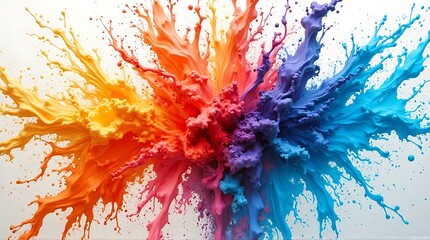 A vibrant explosion of colored powder erupts outwards, creating a dynamic and abstract burst of orange, red, purple, and blue hues against a clean white background.