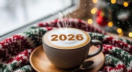 Steaming coffee with year 2026 on the froth holiday season