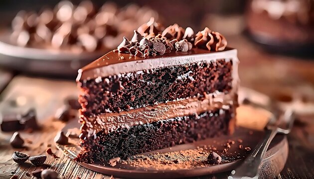 Decadent Chocolate Cake Slice with Ganache and Chocolate Chips