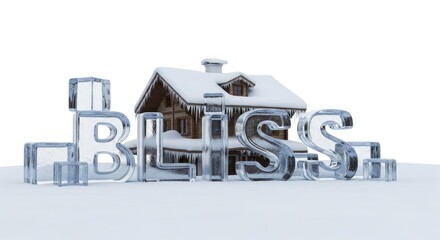 Winter Bliss a Snowy Cottage Scene with Ice Lettering Art