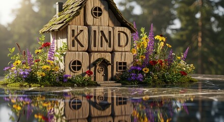 Wooden block house spelling kind with flowers and water reflection