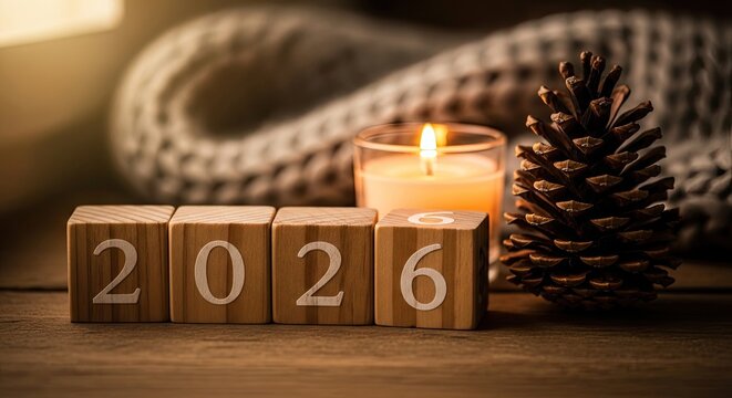 Wooden blocks display year 2026 with candle and pine cone backdrop