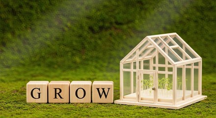 Wooden blocks spelling grow with small greenhouse on mossy background
