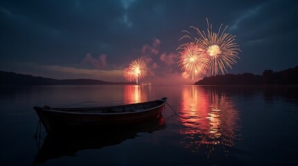 Spectacular Fireworks Display Reflecting on Calm Lake Water at Night with Silhouetted Rowboat